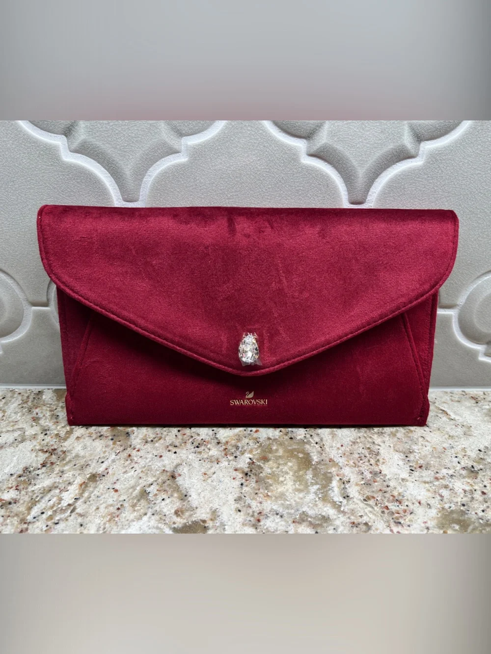 Swarovski Deep Burgundy Velvet Envelope Clutch with Crystal Accent